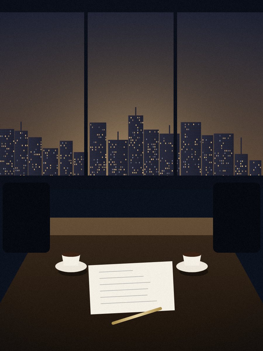 Executivos em sala de reunião com vista da cidade